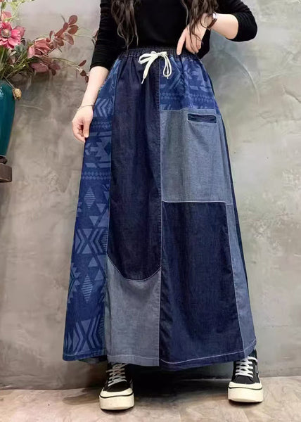 Summer Patchwork Denim Skirt DIY Asymmetrical Navy FashionChic