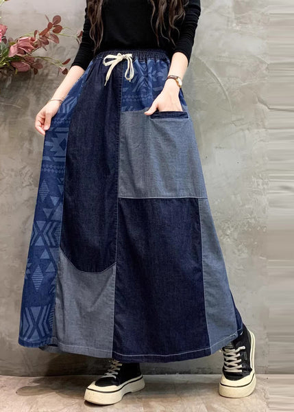 Summer Patchwork Denim Skirt DIY Asymmetrical Navy FashionChic