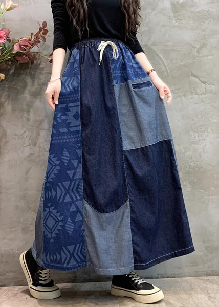 Summer Patchwork Denim Skirt DIY Asymmetrical Navy FashionChic