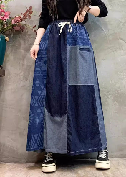 Summer Patchwork Denim Skirt DIY Asymmetrical Navy FashionChic