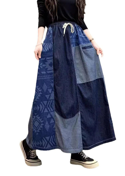 Summer Patchwork Denim Skirt DIY Asymmetrical Navy FashionChic