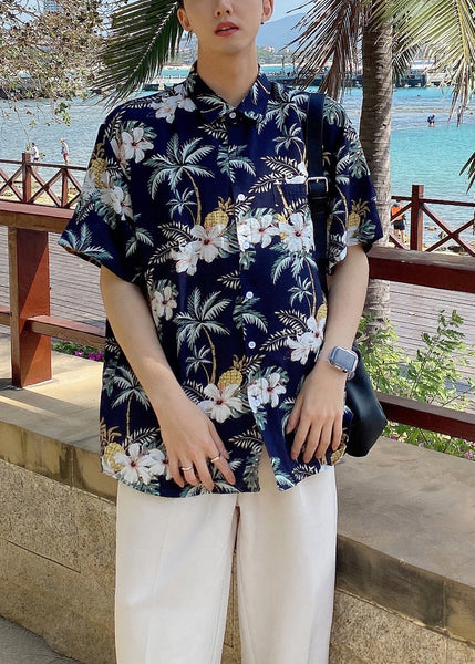 DIY Navy Peter Pan Collar Print Men Hawaiian Shirts Summer HG017 Men-Silk-MENSTP240725