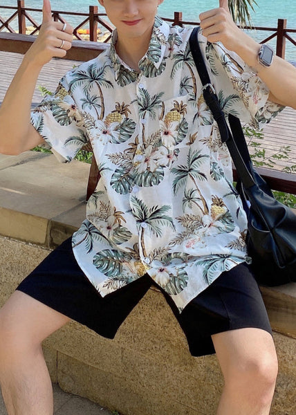 DIY Navy Peter Pan Collar Print Men Hawaiian Shirts Summer HG017 Men-Silk-MENSTP240725