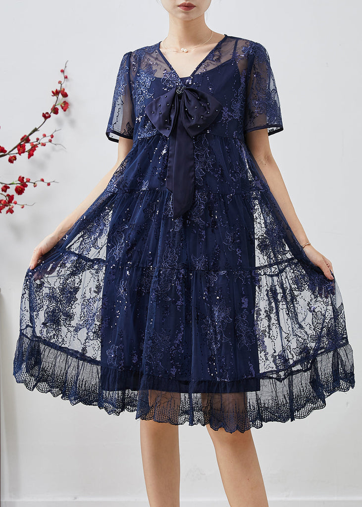 DIY Navy Sequins Embroidered Tulle Bow Dresses Summer AP1066 AM-SDM240904