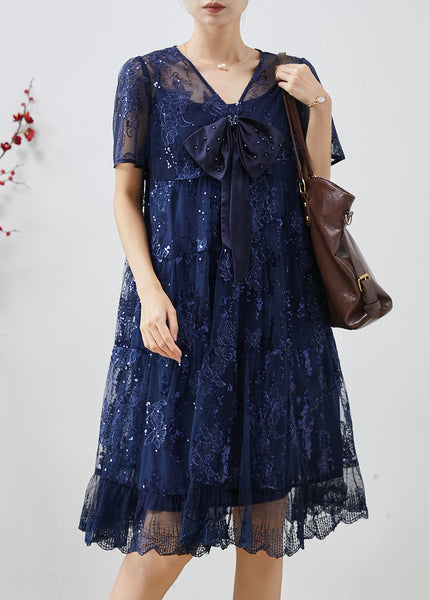 DIY Navy Sequins Embroidered Tulle Bow Dresses Summer AP1066 AM-SDM240904