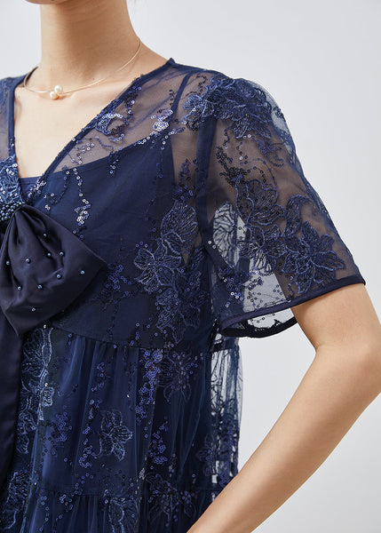 DIY Navy Sequins Embroidered Tulle Bow Dresses Summer AP1066 AM-SDM240904