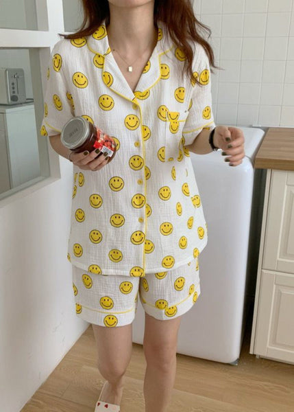 Short Print Oversized DIY Sets Smile Pajama Sleeve Cotton FashionChic