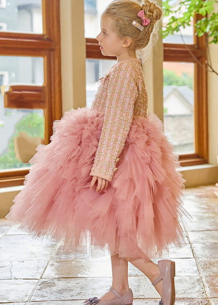 DIY Pink O-Neck Tulle Kids Long Dress Winter RP048 ABC