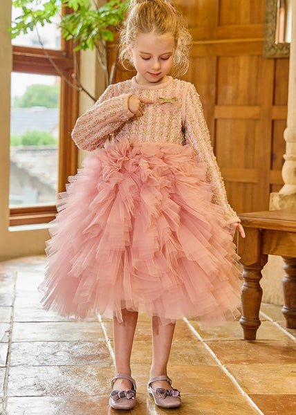 DIY Pink O-Neck Tulle Kids Long Dress Winter RP048 ABC