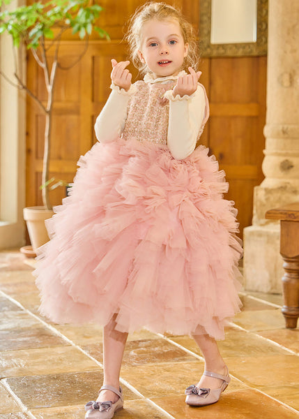 DIY Pink O-Neck Tulle Kids Long Dress Winter RP048 ABC