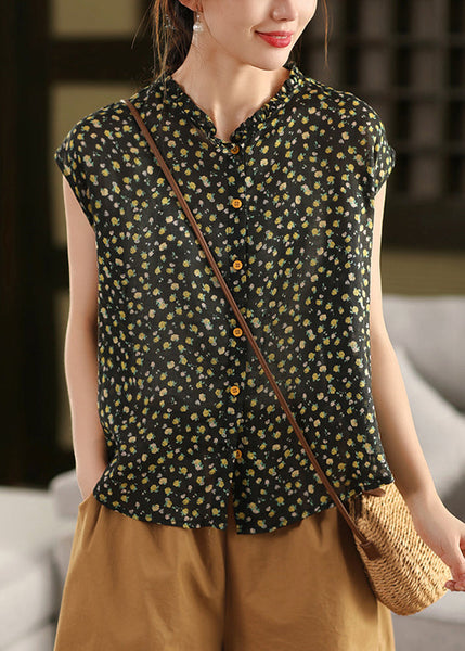 Sleeveless Ruffled Linen Print DIY Tops Pink FashionChic