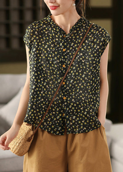 Sleeveless Ruffled Linen Print DIY Tops Pink FashionChic