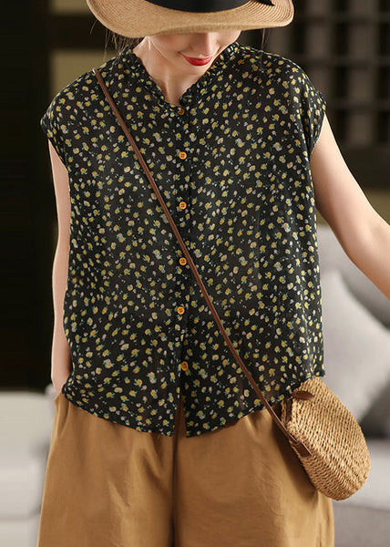 Sleeveless Ruffled Linen Print DIY Tops Pink FashionChic