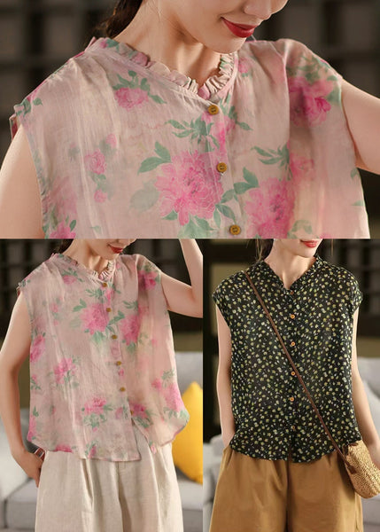 Sleeveless Ruffled Linen Print DIY Tops Pink FashionChic