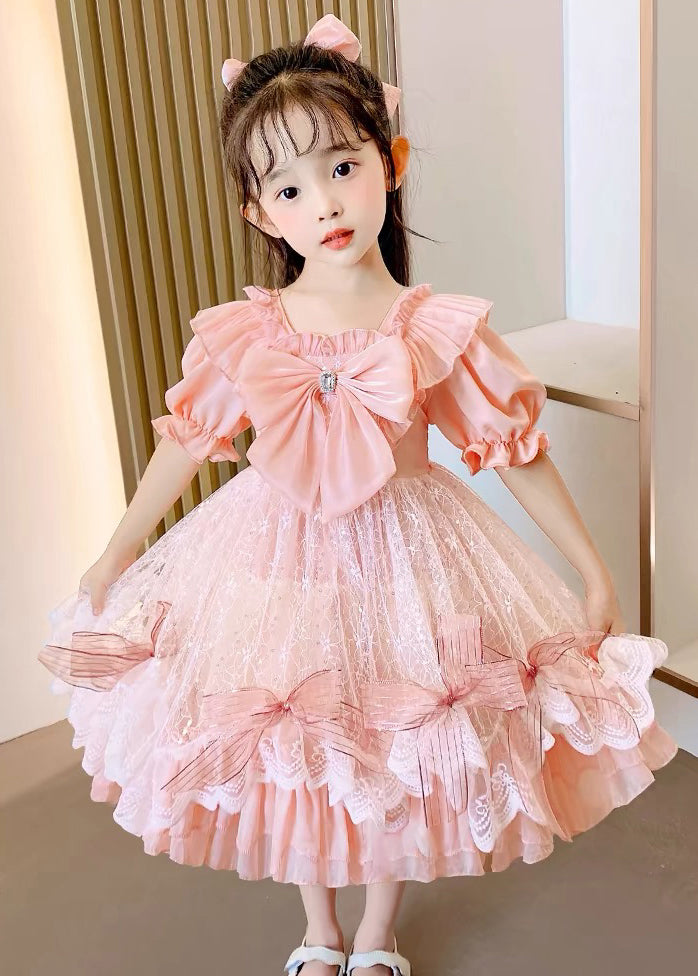 DIY Pink Square Collar Bow Patchwork Tulle Kids Vacation Long Dresses Summer XZ005 SDGL240618