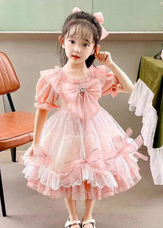 DIY Pink Square Collar Bow Patchwork Tulle Kids Vacation Long Dresses Summer XZ005 SDGL240618