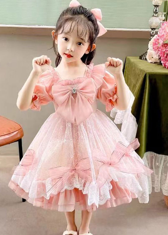 DIY Pink Square Collar Bow Patchwork Tulle Kids Vacation Long Dresses Summer XZ005 SDGL240618