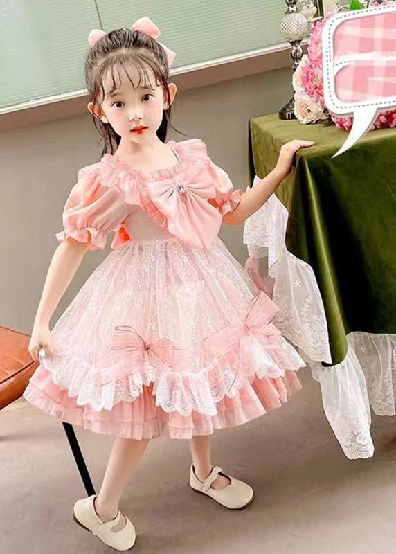 DIY Pink Square Collar Bow Patchwork Tulle Kids Vacation Long Dresses Summer XZ005 SDGL240618