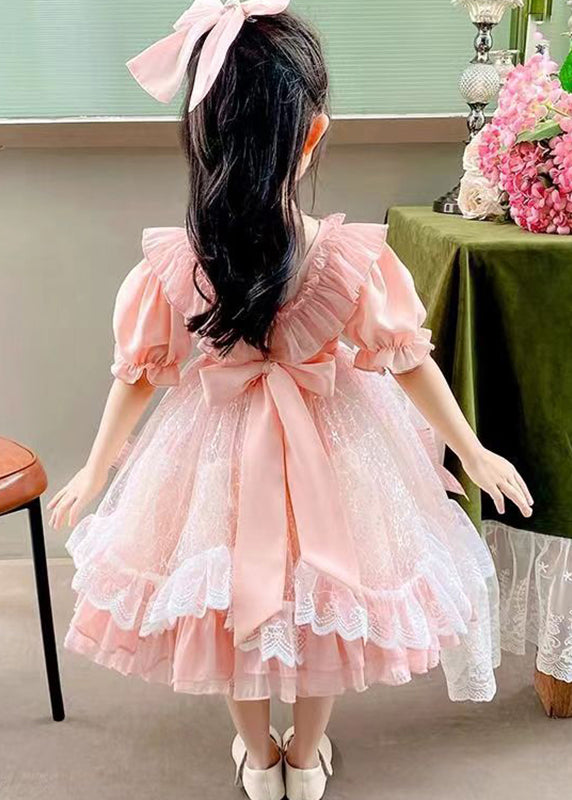 DIY Pink Square Collar Bow Patchwork Tulle Kids Vacation Long Dresses Summer XZ005 SDGL240618