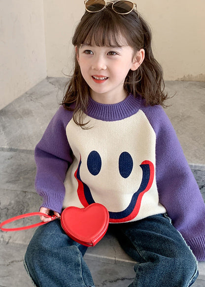 DIY Purple Smiling Face O-Neck Thick Cotton Knit Kids Sweater Winter WL048 MM-RCTZ-NTGP241120