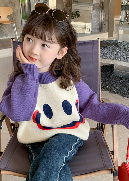 DIY Purple Smiling Face O-Neck Thick Cotton Knit Kids Sweater Winter WL048 MM-RCTZ-NTGP241120