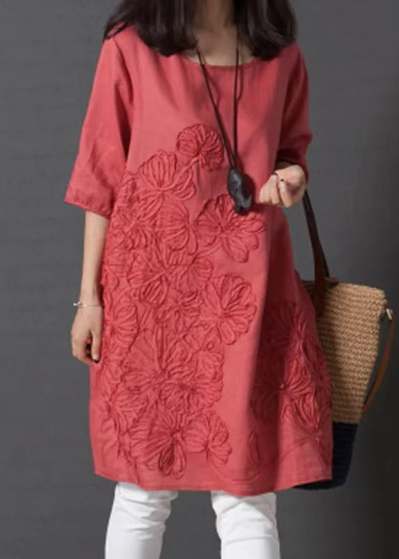 Embroidered Dress Red Half Linen Sleeve Day DIY FashionChic