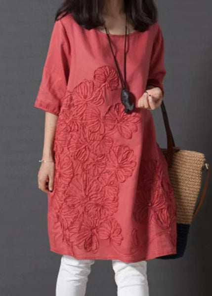 Half Day DIY Sleeve Dress Embroidered Linen Red FashionChic