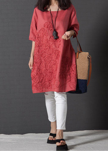Half Day DIY Sleeve Dress Embroidered Linen Red FashionChic