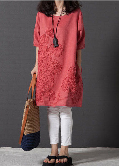 Embroidered Dress Red Half Linen Sleeve Day DIY FashionChic