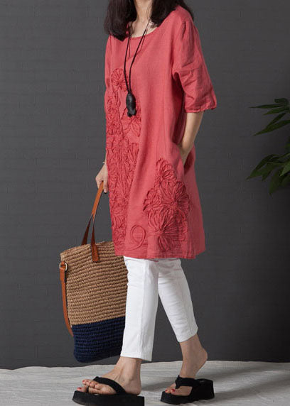 Half Day DIY Sleeve Dress Embroidered Linen Red FashionChic