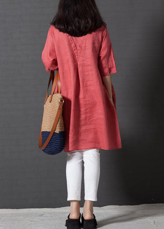 Half Day DIY Sleeve Dress Embroidered Linen Red FashionChic