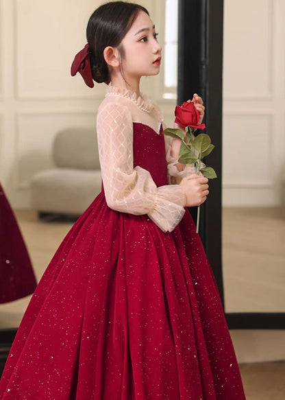 DIY Red Stand Collar Patchwork Wrinkled Tulle Girls Long Dress Fall RP030 ABC