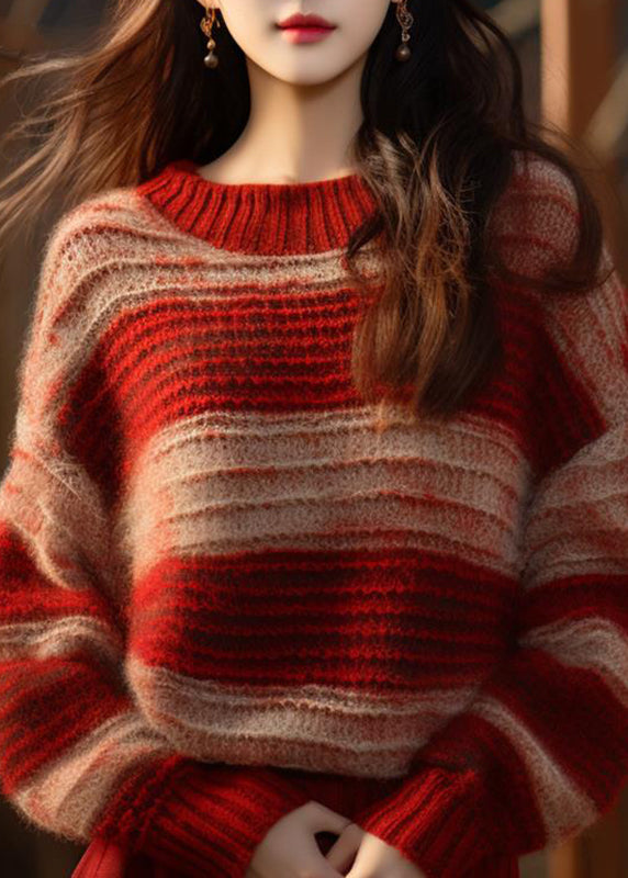 DIY Red Stand Collar Striped Patchwork Cotton Knit Sweater Fall QT066 OL-NTP241001