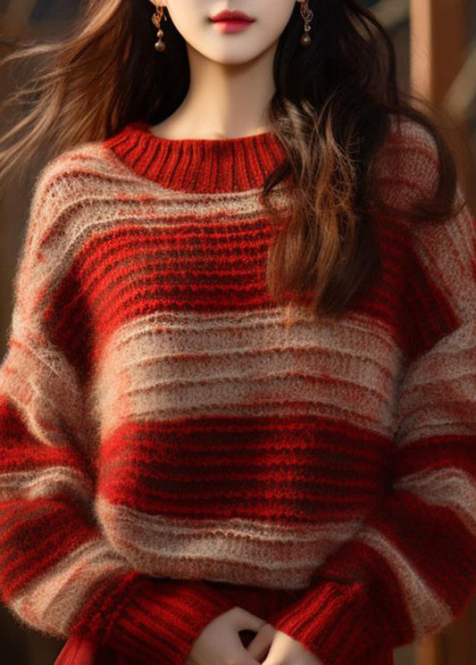 DIY Red Stand Collar Striped Patchwork Cotton Knit Sweater Fall QT066 OL-NTP241001