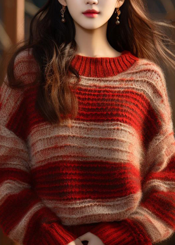 DIY Red Stand Collar Striped Patchwork Cotton Knit Sweater Fall QT066 OL-NTP241001