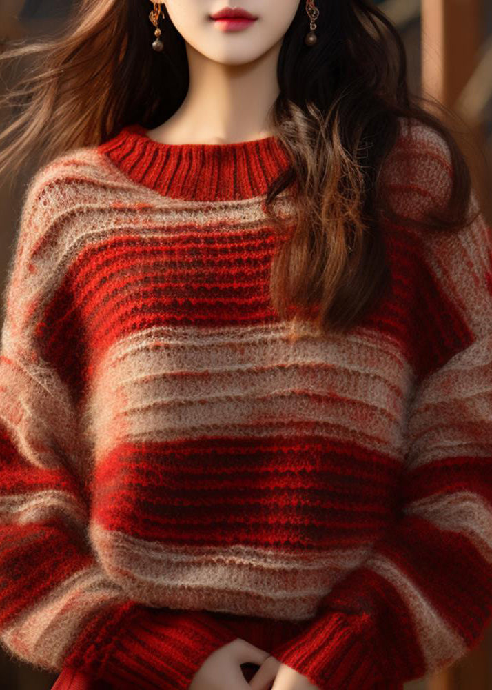 DIY Red Stand Collar Striped Patchwork Cotton Knit Sweater Fall QT066 OL-NTP241001