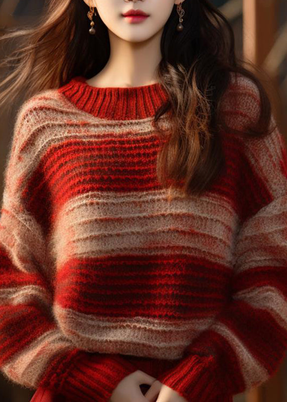DIY Red Stand Collar Striped Patchwork Cotton Knit Sweater Fall QT066 OL-NTP241001