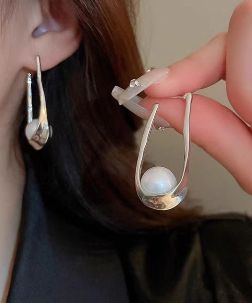 DIY Silk Alloy Pearl Asymmetrical U Shaped Hoop Earrings ZZ025 JEW-EAR240613