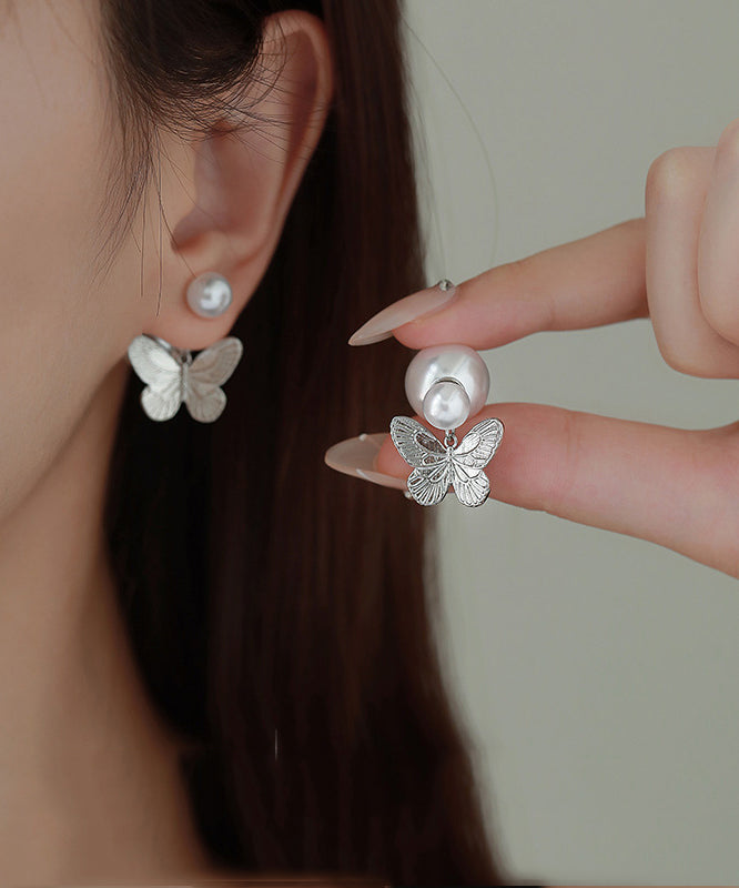 DIY Butterfly Overgild Pearl Stud Copper Earrings Silk FashionChic