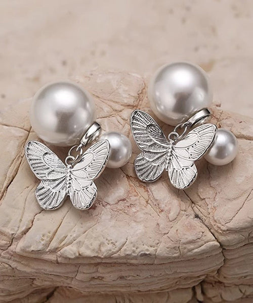 DIY Butterfly Overgild Pearl Stud Copper Earrings Silk FashionChic