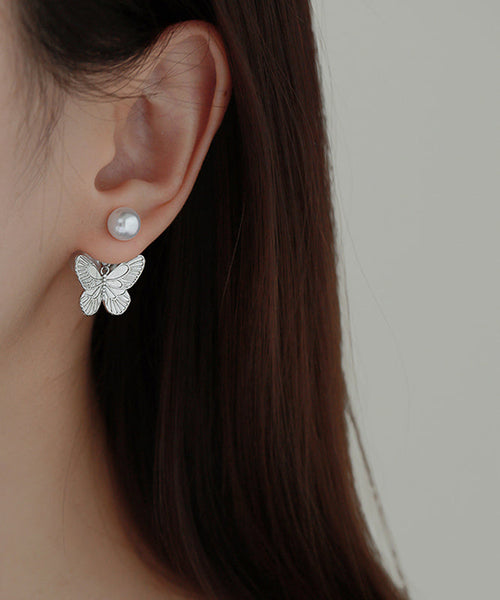 DIY Butterfly Overgild Pearl Stud Copper Earrings Silk FashionChic