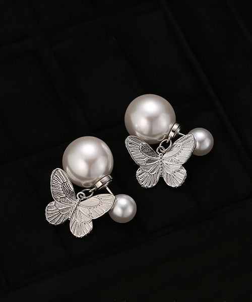 DIY Butterfly Overgild Pearl Stud Copper Earrings Silk FashionChic