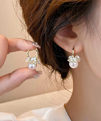 DIY White Alloy Floral Pearl Hoop Earrings WH003 JEW-SDL241116