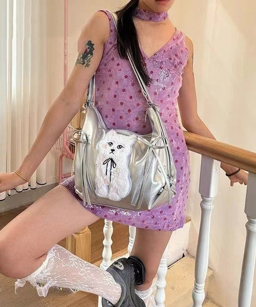 Faux White Bags Versatile Leather Cat Appliqued Shoulder DIY FashionChic