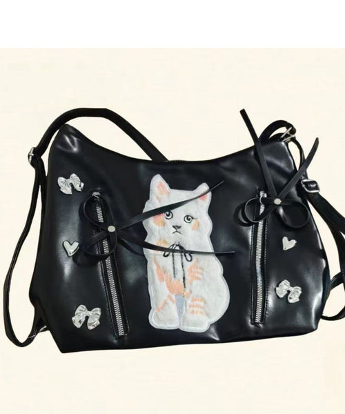 Faux White Bags Versatile Leather Cat Appliqued Shoulder DIY FashionChic