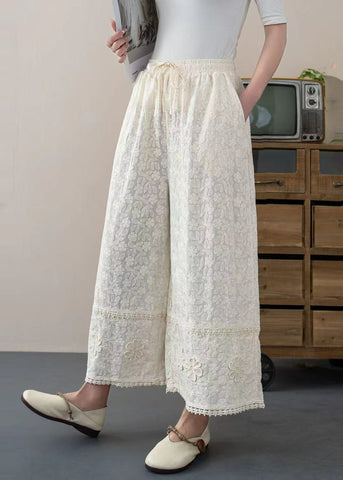 Pants Embroidered Cotton Floral Summer White Crop Trousers DIY FashionChic