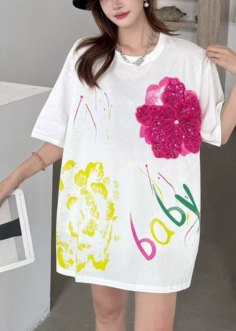 Decorated Cotton Floral Oversized Tops Tank DIY Summer White FashionChic