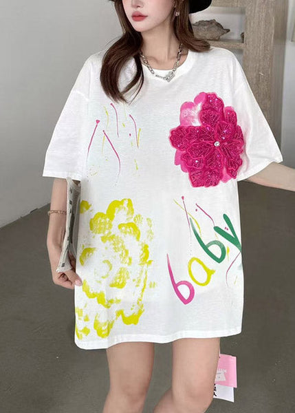 Decorated Cotton Floral Oversized Tops Tank DIY Summer White FashionChic