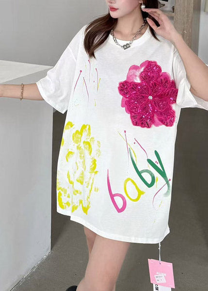 Decorated Cotton Floral Oversized Tops Tank DIY Summer White FashionChic