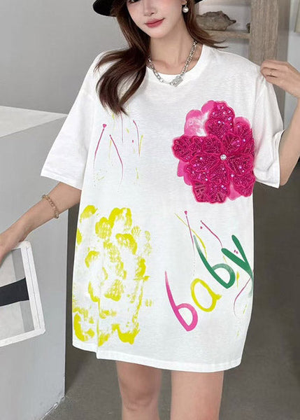 Decorated Cotton Floral Oversized Tops Tank DIY Summer White FashionChic